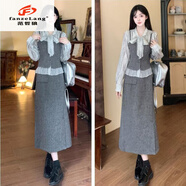 范哲狼（FANZELANG）大碼時(shí)尚小香風(fēng)套裝連衣裙女秋冬胖mm感系帶襯衫半身裙兩件套 灰色2件套裝 S 83-93(備)