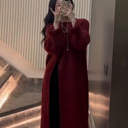 COLORFUL GEMS韓系慵懶風(fēng)毛衣裙女2025早秋寬松套頭側(cè)開(kāi)叉過(guò)膝中長(zhǎng)款針織裙 紅色 S
