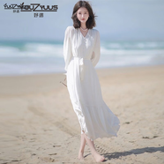 妤遇（YUUZYUUS）品牌女裝法式氣質(zhì)連衣裙女2025春秋新款時尚修身顯瘦中長款a字裙 白色 L