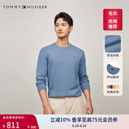 TOMMY HILFIGER【柔軟純棉】25秋冬男撞色條紋學(xué)院風(fēng)針織衫/情侶款純色毛衣 【簡(jiǎn)約合身毛衣】藍灰色DPQ M （推薦：135-150斤）