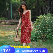 Olrain歐芮兒吊帶碎花連衣裙夏季女裝浪漫優(yōu)雅長裙子度假沙灘裙 紅色印花 XL