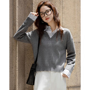 德瑪納【知識分子】秋季書(shū)卷氣拼色翻領(lǐng)線(xiàn)衫柔潤纖絨紗氣質(zhì)針織衫女上衣