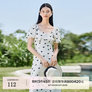 迪賽尼斯（DESIGNICE）顯瘦裙子夏季新款印花燈籠袖長(cháng)裙方領(lǐng)短袖連衣裙女 黑色 XL
