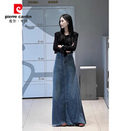 皮爾卡丹大碼胖mm韓版高腰大擺加長(cháng)牛仔裙秋冬新款顯瘦時(shí)尚半身裙A字裙女 深藍色 4XL 【建議160-180斤】