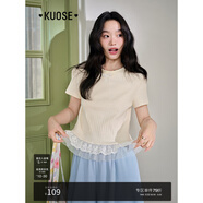 闊色（kuose）藍(lán)色針織T恤拼接蕾絲花邊下擺女2025夏季新款杏色蝴蝶結(jié)上衣 杏色 S
