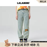LALABOBO純棉小熊牛仔褲女2025新款美式復古高腰寬松哈倫長(cháng)褲子RBEA-ZC16 中藍白 常規 28