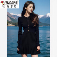 啄木鳥(niǎo)（TUCANO）赫本風(fēng)針織連衣裙女秋季2025新款法式收腰名媛感單排扣百褶裙 黑色 XL 建議115-128斤