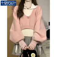 莫代爾韓系寬松慵懶風(fēng)粉色polo領(lǐng)毛衣女秋冬學(xué)院風(fēng)針織衫兩件套短款上衣 粉色毛衣+背心 S 建議80-95斤