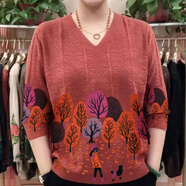 麥潮尚凈版米字花針織衫上衣中年媽媽裝秋裝時(shí)尚遮肚女裝打底 森林繡紅色 M 95-110斤