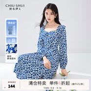 秋水伊人開(kāi)衩碎花方領(lǐng)連衣裙秋季新款女裝高腰A字雪紡裙子 花料 L