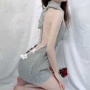 日系性感前后兩穿露背修身一步裙女仆掛脖高領(lǐng)針織衫毛衣包臀短裙 灰色