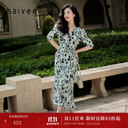 納薇（naivee）商場(chǎng)同款收腰茶歇裙經(jīng)典V領(lǐng)法式印花碎花連衣裙女 青藍 S