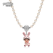 Monchhichi/萌趣趣短項鏈6mm閃耀仿珍珠女友兒童刻字生日禮物N057 粉紅小兔配奶白色短項鏈