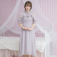 ROJITAcouture 荷葉邊露肩雪紡長(cháng)款連衣裙(C523173現貨) 紫色