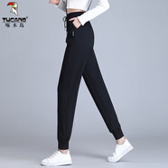 啄木鳥(niǎo)刺繡灰色運動(dòng)褲女春秋2025新款寬松束腳顯瘦加厚大碼休閑衛褲子 黑色（春秋款） M