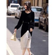 尚靜赫本風(fēng)雙層拼接亮片下擺優(yōu)雅連衣裙25年秋新優(yōu)雅氣質(zhì)系帶裙