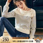 Olrain法式杏色條紋套頭針織衫女春裝寬松撞色復(fù)古上衣 杏色 155/80A/S