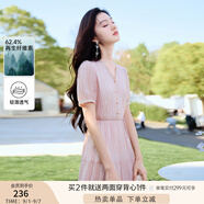 香影（xiangying）粉色v領(lǐng)連衣裙女2025夏季新款肌理感法式甜美收腰泡泡袖裙子 粉紅 M