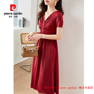 皮爾卡丹（pierre cardin）短袖夏季2025新款V領(lǐng)修身遮肚氣質(zhì)連衣裙過(guò)膝長(cháng)款驚艷設計感裙子 酒紅色 M 85-100斤