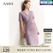 AMII開學(xué)季換新裝2025夏季新款優(yōu)雅知性修身腰間抽褶層次感V領(lǐng)羅馬布 灰紫 155/80A/S