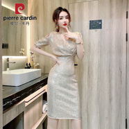 皮爾卡丹小個(gè)子晚禮服2025夏款時(shí)尚氣質(zhì)V領(lǐng)高腰性感亮片包臀開(kāi)叉連衣裙女 杏色 L