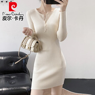 皮爾卡丹（pierre cardin）2025秋冬新款針織連衣裙子女緊身包臀裙配大衣內(nèi)搭修身打底毛衣裙 杏色 S 80-100斤