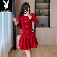 花花公子（PLAYBOY）赫本黑色感甜酷連衣裙女秋冬復古小香風(fēng)宮廷富家千金公主裙子 紅色 L