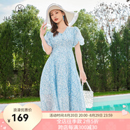 佳人苑連衣裙女2024年夏季新款V領(lǐng)碎花本布紐扣收腰后背拉鏈甜美燈籠袖 海藍色 XS