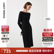 朗姿羊毛一字領(lǐng)法式復(fù)古氣質(zhì)長(zhǎng)袖針織連衣裙冬季新款裙子 黑色 XL