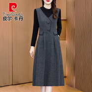 皮爾卡丹高端洋氣假兩件連衣裙遮肚顯瘦加厚2025新款減齡長(cháng)袖裙子春秋女 深灰色 2XL (建議120-130斤)