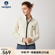 Navigare意大利小帆船羊毛衫女士秋冬季半高領(lǐng)彈力休閑毛衣通勤針織開(kāi)衫女 科技白/黑 XL