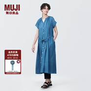 無印良品（MUJI）女式 強捻法國袖連衣裙 女裝裙子夏季純棉全棉襯衫連身裙BC2JGC4S 藍色 XS(150/76A)