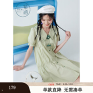紫涵翻領(lǐng)A字連衣裙夏季泡泡袖撞色抽褶娃娃裙中長裙甜美 海藻綠 S