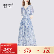 魅斑法式印花V領(lǐng)收腰新款連衣裙女2024夏季新款萊賽爾顯瘦連身裙 花色 M