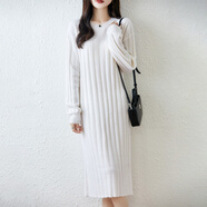 EMZ鄂爾多斯市坑條中長(zhǎng)款毛衣裙25秋冬燈籠袖純羊毛針織連衣裙女寬松 白色 S