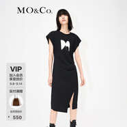 MO&Co.印花小飛袖高腰捏褶不規(guī)則開叉小眾氣質(zhì)連衣裙女摩安珂 黑色-第1批 M 165