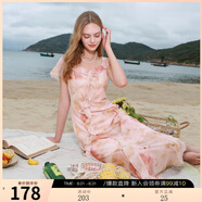 三彩2025夏季新款木耳邊荷葉袖蝴蝶印花雪紡連衣裙大擺長裙M 淺粉色花卉 M 160/84A