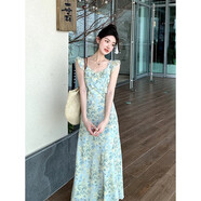 邦帛世連衣裙女甜美小飛袖吊帶碎花裙溫柔風(fēng)夏季小眾氣質(zhì)修身A字長(cháng)裙 碎花連衣裙-綠色【L】