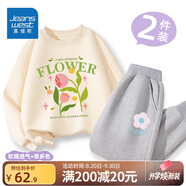 真維斯女童衛(wèi)衣薄款套裝2025新款兒童秋季圓領(lǐng)上衣休閑衛(wèi)褲中大童童裝潮 【薄款套裝】杏（花）灰（花） 110