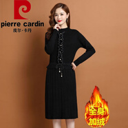 皮爾卡丹（pierre cardin）2025秋冬新款韓版加絨加厚針織連衣裙女長(cháng)款過(guò)膝配大衣打底毛衣裙 K70-加絨加厚黑色 L 建議100-115斤