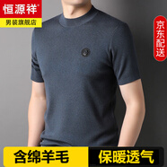 恒源祥短袖羊毛T恤男針織衫半高領春秋刺繡毛衣潮流打底衫男薄款上衣服 蘭灰 L 175/92A