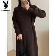 花花公子（PLAYBOY）新品感紐扣收腰長款加厚毛衣裙女秋冬季大衣打底針織連衣裙奶茶色 咖啡色-旗艦款 M _建議95-105斤