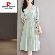 皮爾卡丹（pierre cardin）高端品牌雪紡連衣裙蕾絲娃娃領(lǐng)百褶裙小清新純欲春夏2025新款裙子 淺綠色 今年流行的輕奢品牌 S 80---90斤