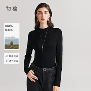 初棉【可機洗】初棉全羊毛高領(lǐng)打底衫女25秋冬120s無(wú)縫一體綠色針織衫 黑色-半高領(lǐng) M