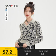 三福毛衣2024冬季V字翻領(lǐng)豹紋短款時(shí)尚上衣女裝495139 炭灰豹紋 L