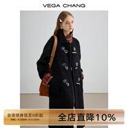 VEGA CHANG黑色毛呢子大衣女2025秋冬新款格紋中長(zhǎng)款大衣 鋯石黑 S