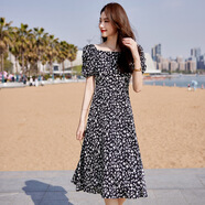 霧中女孩（The Fog Girl）碎花連衣裙女2025年夏季上新氣質(zhì)時(shí)尚優(yōu)雅方領(lǐng)收腰顯瘦印花裙子知了黑花M (90斤-105斤)