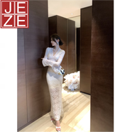 JEZEV領(lǐng)連衣裙女早秋新款氣質(zhì)修身性感鏤空露腰長(cháng)袖蕾絲包臀顯瘦長(cháng)裙 白色 L