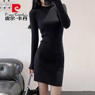 皮爾卡丹（pierre cardin）針織連衣裙女2025秋冬內搭配大衣修身收腰包臀打底半高領(lǐng)毛衣短裙 黑色 S 80-100斤
