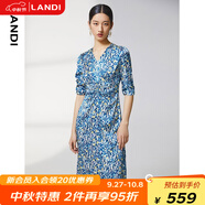 藍(lán)地（LANDI）商場(chǎng)同款夏季新款腰部抽褶碎花印花短袖連衣裙女 淺藍(lán)色 XL
